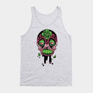 Pink and Green Ink-Rose Skull Tank Top